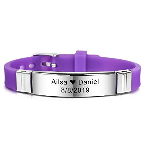 MeMeDIY Nombres De Grabado Personalizados Pulsera De Identificación De Muñeca Deportiva Personalizada para Hombres Mujeres Niños Caucho De Acero Inoxidable Ajustable - (13mm Amplia, Rosado Color)