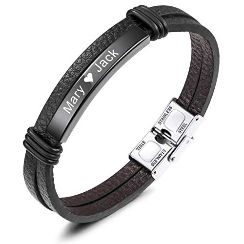 MeMeDIY Pulsera con Nombre Pulseras Personalizadas para Mujeres Pulseras Personalizadas para Niños Hombres Niñas Acero Inoxidable Grabado de Cuero Genuino Brazalete Trenzado (Negro Etiqueta)