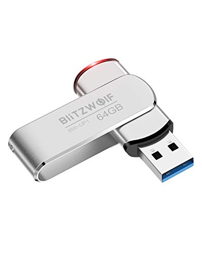 Memoria USB 64GB, BlitzWolf Memoria Flash USB 3.0 Pendrive Aluminio Portátil hasta 70 MB/s con Indicador LED(Plateado)