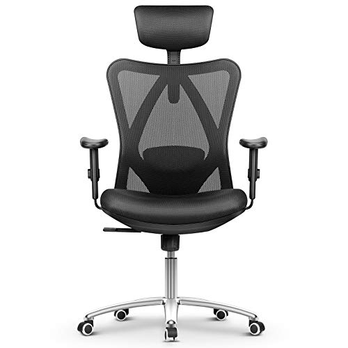 mfavour - Silla de oficina ergonómica, silla de escritorio para ordenador, silla giratoria con cojín de diseño de red, reposacabezas y reposabrazos ajustables, función de balanceo, carga máxima 150 kg