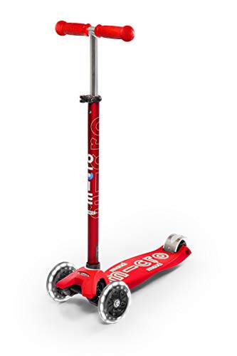 Micro® Maxi Deluxe LED, Patinete 3 Ruedas LED, 5-12 Años, Peso 2,5kg, Carga Máx 70Kg, Altura 67-91 cm, Plataforma Antideslizante Polipropileno (Flexible, Alta Resistencia) (Rojo)