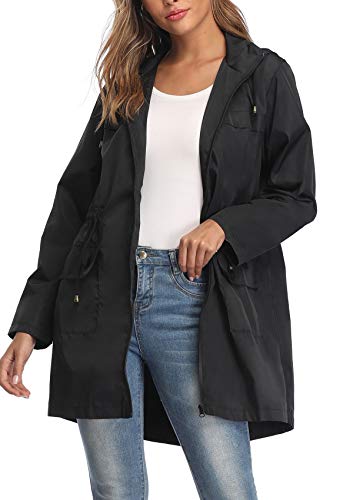 MISS MOLY Rain Coat Women Rain Jacket Ladies Waterproof Jacket Raincoat Long Sleeve Zipped Windbreaker with Hood Black Small