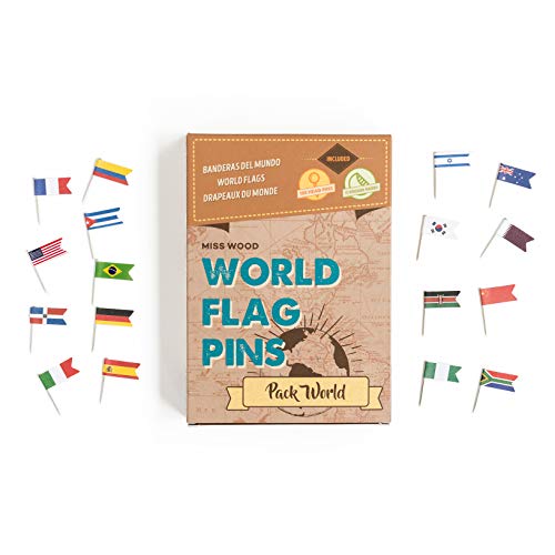 Miss Wood World Pack-Banderas del Mundo. Chinchetas de Mapa, Adhesivo, Marron, Talla unica