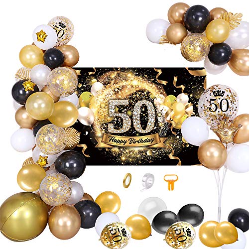MMTX 50 Decoración de Fiesta de cumpleaños Fondo de póster Dorado Oro Negro Dorado con Guirnalda de Globos, Pancarta de Feliz cumpleaños 50 Globo de látex para Hombres y Mujeres Decoraciones