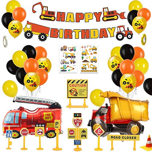 MMTX Decoracion Cumpleaños Globos de Feliz Cumpleaños Primer Cumpleaños Niño 1 año con Guirnalda Cumpleaños, Vehículo Camión Bomberos Globo de Aluminio, Suministros para Fiestas de Construcción(58pcs)