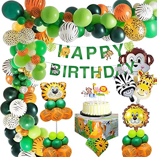 MMTX Selva Fiesta de cumpleaños decoracion Niño-Feliz cumpleaños feliz con Globos de latex y Safari Bosque Animal globos para Niño Cumpleaños Baby Shower Decoración