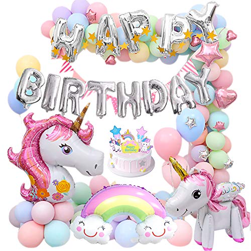 MMTX Unicornio Fiesta Decoración para mujer niña cumpleaños Fiesta,3D Unicornio Globos Cake Toppers Macaron Fiesta Globos Pennant Banner para Fiesta de cumpleaños Ducha Bodas Festival Decoración