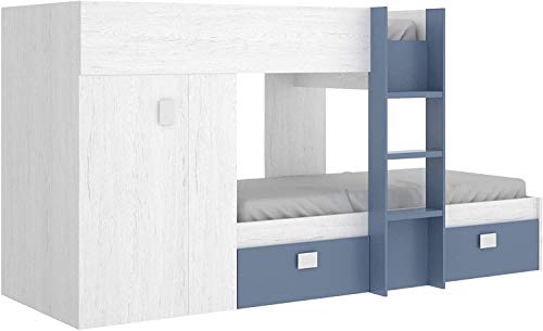 Mobelcenter - Cama Litera Tren Groe Infantil y Juvenil - Cama Tren con Armario y 2 Cajones- Medidas: Ancho: 271 cm x Fondo: 111 cm x Alto: 150 cm (Blanco Artic y Aguamarina) - (1079)