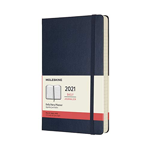 Moleskine - Agenda Diaria 2021 de 12 Meses con Tapa Dura y Cierre Elástico, Tamaño Grande de 13 x 21 cm, Color Azul Zafiro, 400 Páginas