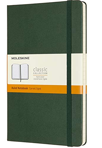Moleskine - Cuaderno Clásico con Páginas Rayadas, Tapa Dura y Goma Elástica, Color Verde Mirto, Tamaño Grande 13 x 21 cm, 240 Páginas