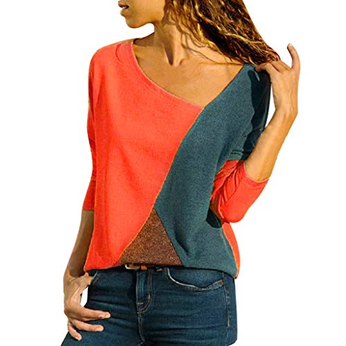 Mujer Polyester Ajustado Blusa Moda Patchwork Casual para Mujer Color Block O-Neck Manga Larga Camiseta Tops Otoño e Invierno Tallas Grandes riou