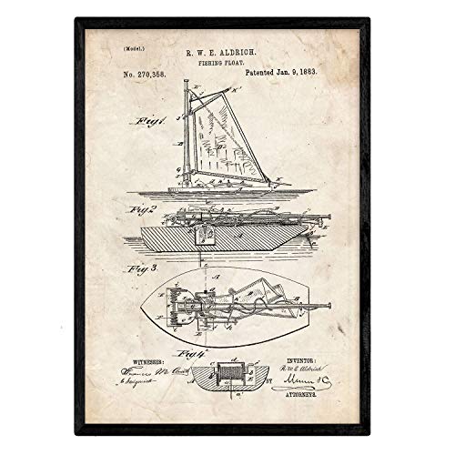 Nacnic Poster con patente de Barco de pesca. Lámina con diseño de patente antigua en tamaño A3 y con fondo vintage