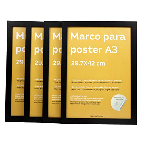 Nacnic Set de 4 Marcos Negros tamaño A3-29,7x42cm. Marco de Color Negro Nacnic Set de 4 Marcos Negros tamaño A3-29,7x42cm. Marco de Color Negro