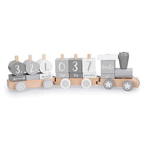 Navaris Tren de Madera para niños - 2en1 Juguete con Piezas para marcar hitos años Meses Navidad - Locomotora Desmontable con Bloques de números