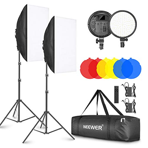 Neewer 2-Pack Kit Iluminación LED 2,4G Softbox con Filtro Color 51,1x71cm Softbox 3200-5600K 48W Cabezal de Luz LED Regulable con Control Remoto 2,4G Soporte Luz Filtro Rojo Amarillo Azul para Vídeo