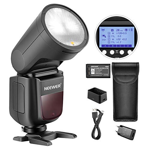 Neewer V1-S Flash Speedlight para Sony DSLRs Cámara 76Ws 2,4G TTL Cabeza Redonda 1,5s Tiempo Reciclaje Rápido 7,2V/2600mAh Batería Litio 480 Disparos a Plena Potencia Lámpara Modelado LED 10 Niveles