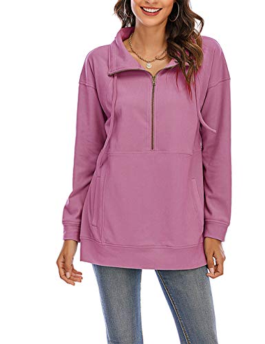 Nekosi - Sudadera de cuello alto para mujer, ligera, con media cremallera, cómoda, de manga larga, con cordón y bolsillos Rosa. L Nekosi - Sudadera de cuello alto para mujer, ligera, con media cremallera, cómoda, de manga larga, con cordón y bolsillos Rosa. L
