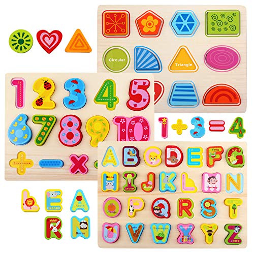 NEWSTYLE Juguetes de Madera Puzzles,3 In 1 Puzzle Madera Alfabeto Numero Forma Puzzle Rompecabezas de Madera Aprendizaje Juguetes Educativos para Niños,Regalo de Cumpleaños, Navidad