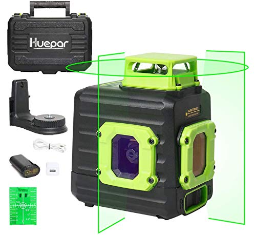 Nivel Láser 360, Huepar Nivel Laser Verde 25m con 2 Puntos de Plomada, Autonivelante Líneas Cruzadas con 360 Vertical/Horizontal, con USB Recargable Batería y Base Giratoria Magnética, B21CG