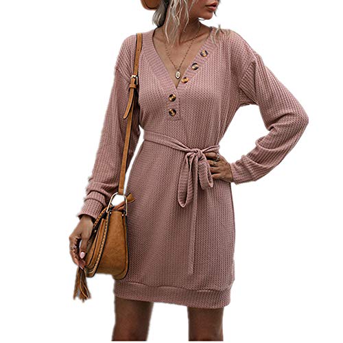 N\P Color Sólido Vestido Casual De Las Mujeres Otoño Slim Cintura Lazo Cuello En V De Línea De Una