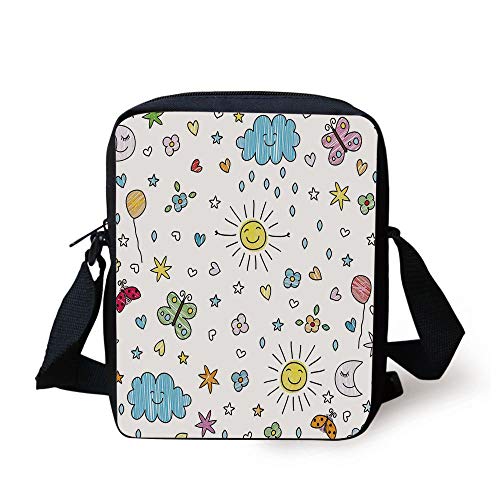 Nursery,Various Weather Conditions Drawn Cartoon Style Sunny Rainy Cloudy Day and Night Decorative,Blue Yellow Print Kids Crossbody Messenger Bag Purse