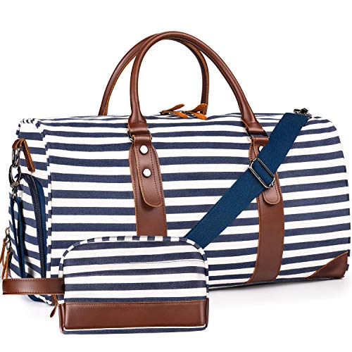 Oflamn Bolsa de Viaje para Mujeres y Hombres - Bolsa Fin de Semana con Una Bolsa de Artículos de Tocador - Bolsa Deporte Grande con Compartimento para Zapatos (Block Stripe Set)