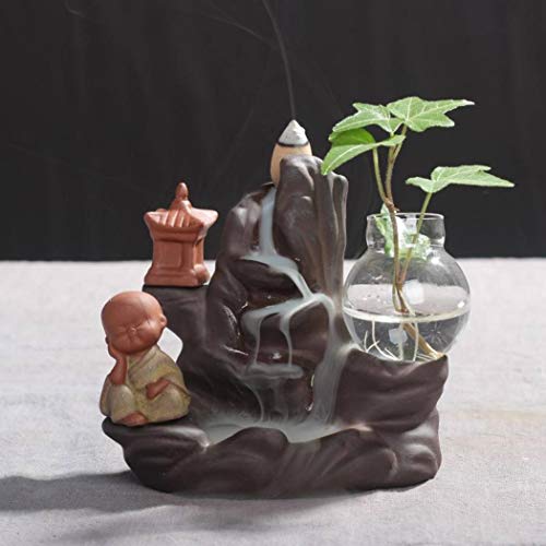 OMUSAKA Quemador de Incienso Little Monk Ceramic Backflow Moutain Censer Smoke Waterfall Incense Buddhist Home Decor Holder