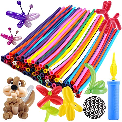 OOTSR Balloon Animal Making Kit, 260Q Long Animal Balloons (100pcs), Unbreakable Air Pump 1pc, Eye Stickers 1 Sheet - Thickening Latex Twisting Balloons for Wedding Birthday Clown Party Decorations