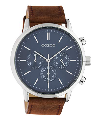 Oozoo C10540 - Reloj de pulsera para hombre (correa de piel, 48 mm), color plateado, azul y marrón
