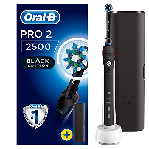 Oral-B PRO 2 2500 CrossAction Cepillo de dientes eléctrico recargable con tecnología de Braun, 1 mango negro, 2 modos, 1 cabezal de recambio y 1 estuche de viaje exclusivo