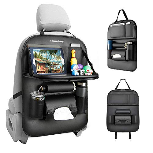 Organizador para Coche, Protector de Asiento de PU Cuero para Coche Kick Mats con Comedor Poseedor Bandeja, Multi-Bolsillo de Almacenamiento de Coche Bebe para iPad Tablet Botella Bebida Juguete,Negro