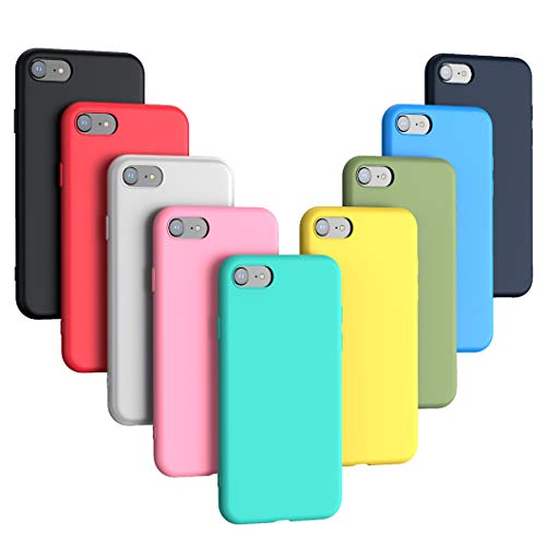 Oududianzi - 9 x Funda para iPhone SE 2020/8/7, Cubierta de Silicona Ultrafina Color Flexible Suave Candy (9 Colores) - [Negro+Rojo+Translúcido+Azul+Verde Menta+Rosa+Azul+Verde+Amarillo]