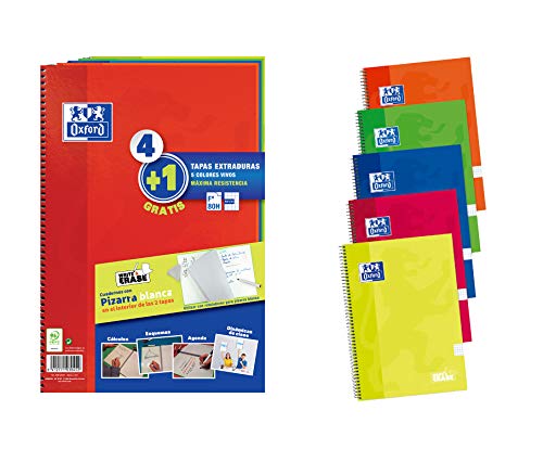 Pack 4+1 Cuadernos Folio(A4) Oxford. Tapa Extradura Write&Erase. 80 Hojas cuadrícula 4x4. Surtido vivos