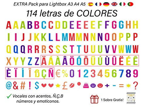Pack de 114 Letras Decorativas en VARIOS COLORES para Cajas de Luz Led o Lightbox A4 y compatible con el Tamaño A5 y A3. Vocales Acentuadas y Emojis. (Sin Caja Luz)