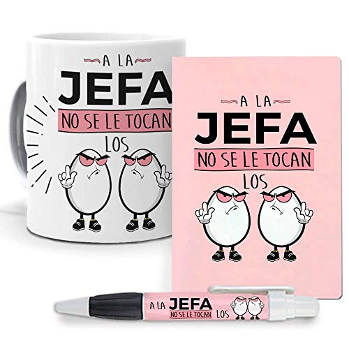 Pack Original y Personalizado para Regalo, con Expresiones y Frases graciosas. A la jefa no se le tocan los Huevos. Libreta, boligrafo y Taza Maxima Calidad.