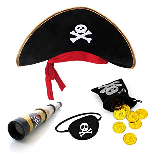 papapanda Sombrero de Pirata con Parche telescopio Monedas para niños papapanda Sombrero de Pirata con Parche telescopio Monedas para niños