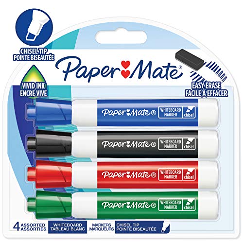Paper Mate rotuladores para pizarra blanca de olor discreto, punta biselada, colores surtidos de tinta, 4 unidades Paper Mate rotuladores para pizarra blanca de olor discreto, punta biselada, colores surtidos de tinta, 4 unidades