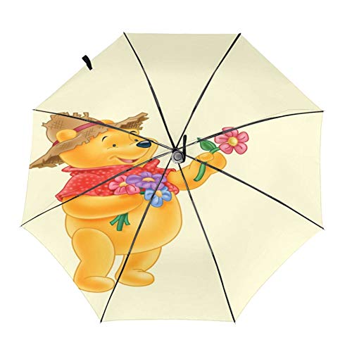 Paraguas Anti-Ultravioleta Compacto De Viaje Triple De Apertura/Cierre Automático, Sombrilla Plegable A Prueba De Viento para Exteriores, Sombrero de Paja con Flores de Winnie Pooh de Disney