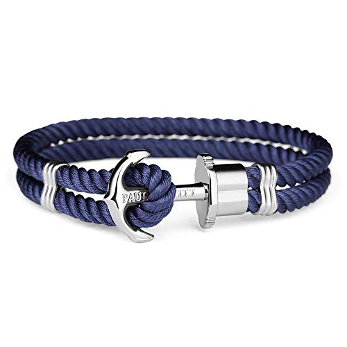 Paul Hewitt Pulsera para Hombre o Mujer PHREP - Pulsera de Nylon Azul Marino con Ancla, Brazalete de Hombre o Mujer con Cuerda de Vela y Ancla, Accesorio de Acero Inoxidable bañado en Plata