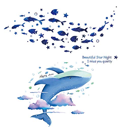 Pegatinas De Pared Creativas Del Mundo Submarino Pegatinas Decorativas De Animales Marinos Ballena nube colorida + Escuela de peces estrella Extra grande