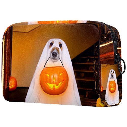 Perro se sienta como un fantasma para Halloween Bolsas de maquillaje portátiles bolsa de cosméticos impresa, bolsa de cosméticos para mujeres de viaje bolsa de cosméticos