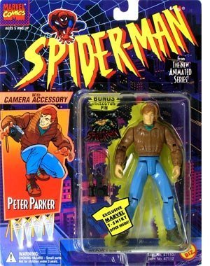 PETER PARKER * With Camera Accessory * 1994 Spider-Man The New Animated Series Action Figure & Bonus Collector Pin by Spider-Man