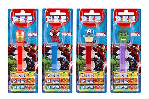 PEZ set de dispensadores Marvel (4 disp. con 3 recargas de caramelos PEZ de 8,5g c/u - 1 disp. PEZ 2 veces como sorpresa) + 2 paquetes de rec. (8 rec. de PEZ de 8,5g c/u)