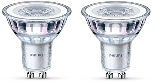 Philips - Bombilla LED Foco GU10 Cristal, 3.5 W Equivalente a 35 W, Luz Blanca Cálida, No Regulable - Pack de 2 Philips - Bombilla LED Foco GU10 Cristal, 3.5 W Equivalente a 35 W, Luz Blanca Cálida, No Regulable - Pack de 2