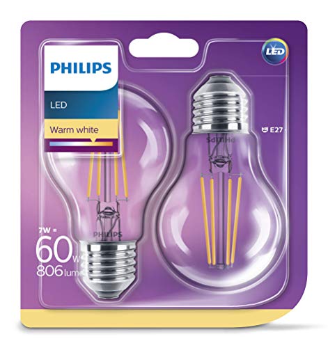 Philips pack de 2 bombillas LED estándar de filamento, efecto vintage, casquillo gordo E27, 7 W equivalentes a 60 W en incandescencia, 806 lúmenes, luz blanca cálida