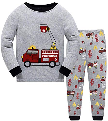 Pijama de Manga Larga para niño, Dos Piezas, algodón, Ropa de Dormir Infantil, diseño de Dinosaurios Coche de Bomberos 110 cm (Talla de Fabricante : 120)