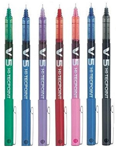 Pilot Pack de 7 Bolígrafos BX V5 Varios Colores - Bolígrafo Extra Fino Hi-Tecpoint con Punta 0.5mm Anchura Línea 0.3mm (1x Cada Color: Negro Rojo Azul Verde Violeta Rosa Claro)