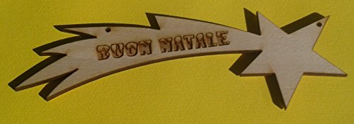 'Placa decorativa de madera "Buon Natale, grabado y corte láser, Made in Italy, cm 18 x 6 Estrella Cometa