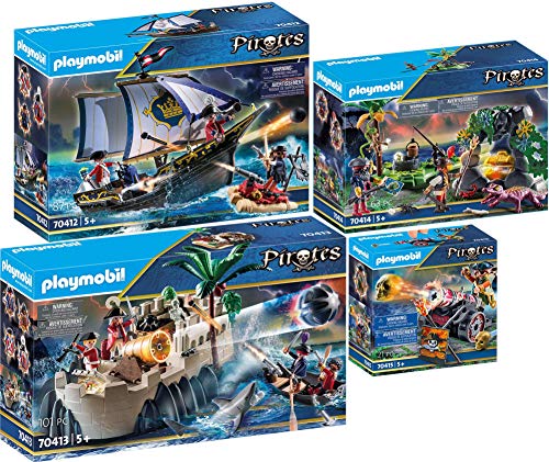 PLAYMOBIL® Pirates Set de 4 Juegos 70412 70413 70414 70415 Carabela + Bastión + Escondite Pirata + Pirata con Cañón