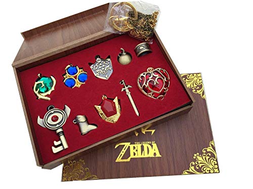 Pliers 2015 Nuevo Zelda Twilight Princess y Trifuerza hyliano Escudo y el Anillo de Llave Maestra Espada Leyenda Serie/Collar/joyería en Caja de Madera (Rojo -10 Conjuntos) (Color : Red 10 Sets)